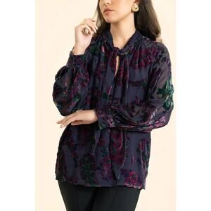 ETRO Velvet Burnout Tie Neck Blouse in Print on Blue Base IT 40 US 4